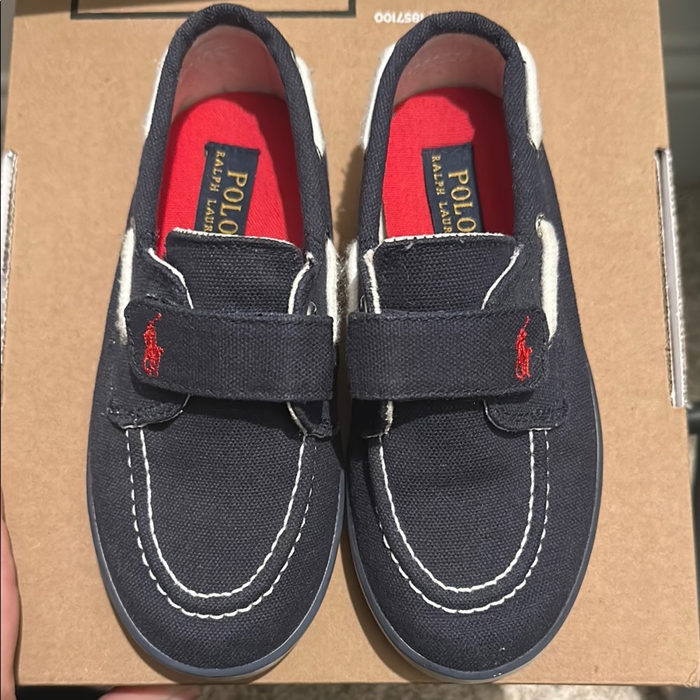 Polo Ralph Lauren Navy Canvas Boat Shoes with Velcro strap, size 10 kids